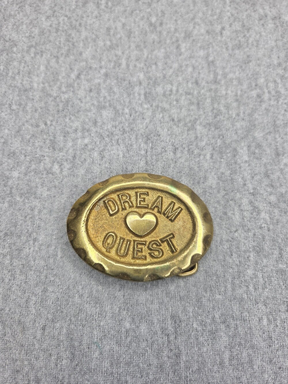 Vintage Solid Brass Dream Quest Belt Buckle Scalloped Oval Raised Heart Boho